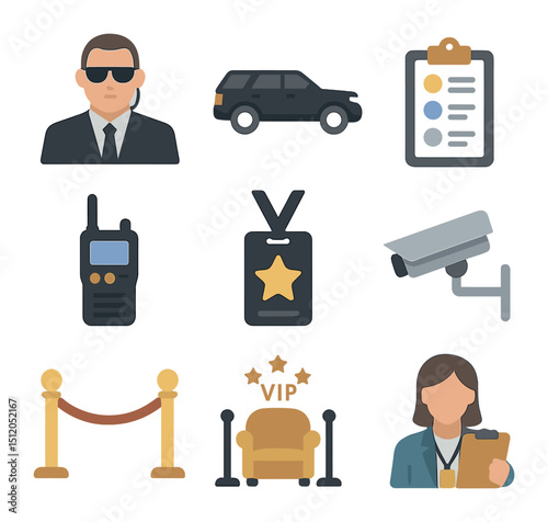 Celebrity Security Icons. Flat icon set of celebrity security and logistics: bodyguard, black SUV, event