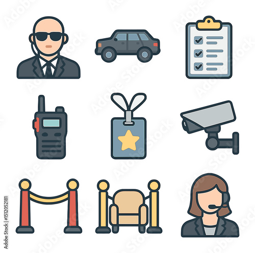 Celebrity Security Icons. Flat icon set of celebrity security and logistics: bodyguard, black SUV, event