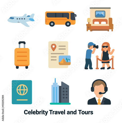 Celebrity Travel Icons. Flat icon set of celebrity travel and tours: private jet, tour bus, hotel suite,