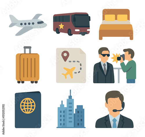 Celebrity Travel Icons. Flat icon set of celebrity travel and tours: private jet, tour bus, hotel suite,