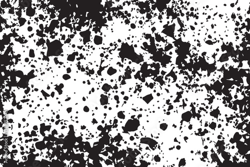 Black ink spots on a white background. Abstract ink splatter design. Grunge texture. Monochrome background.