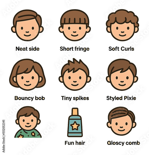 Children's Hair Icon Grid. Flat icon set of children’s hairstyles post-cut: neat side part, short fringe, soft