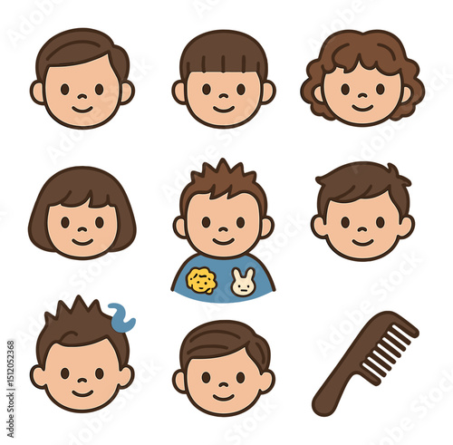 Children's Hair Icon Grid. Flat icon set of children’s hairstyles post-cut: neat side part, short fringe, soft