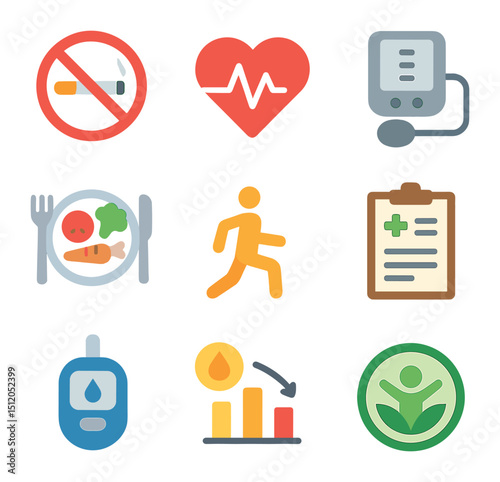 Chronic Disease Prevention Icons. Flat icon set of chronic disease prevention: no smoking sign, healthy heart,