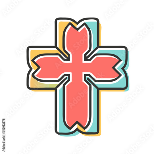 Christian cross icon in red tones, flat style, religious symbol