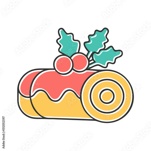 French Yule log dessert icon, red and yellow tones, traditional holiday food item