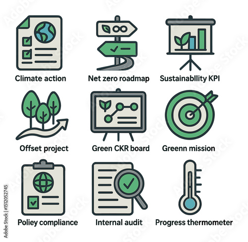 Climate Strategy Icons. Flat icon set of climate-conscious business strategies: climate action plan, net zero