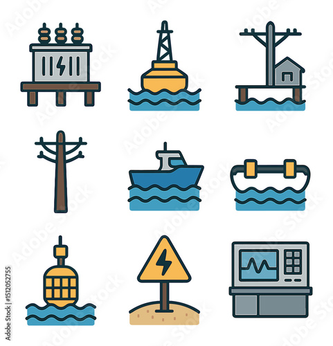 Coastal Energy Icons. Flat icon set of coastal power infrastructure: dockside transformer, wave monitoring