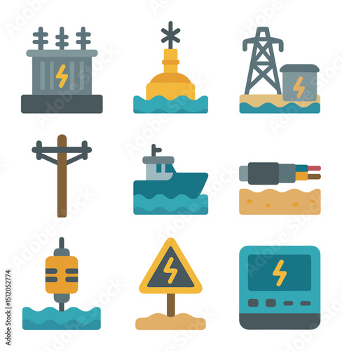 Coastal Energy Icons. Flat icon set of coastal power infrastructure: dockside transformer, wave monitoring
