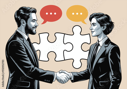 Business Agreement Puzzle Vectors Illustrations - handshake, puzzle, business partnership, team collaboration, corporate deal handshake, puzzle piece teamwork