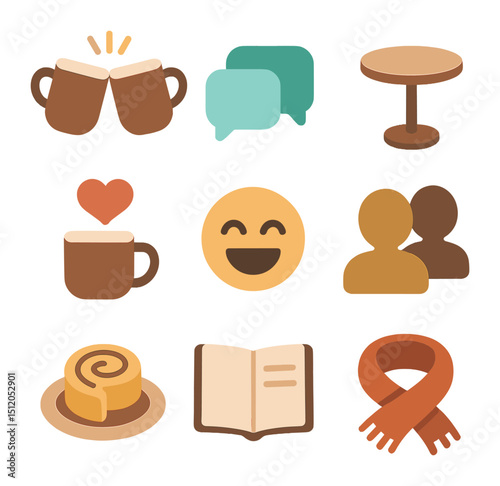 Coffee and Conversations Icons. Flat icon set of coffee and conversations: two mugs clinking, chat bubbles,