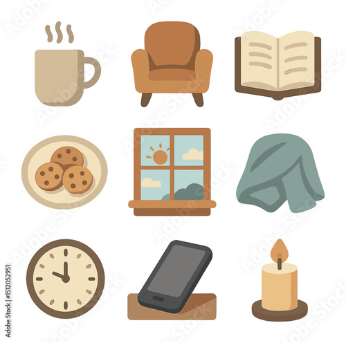 Coffee Break Icons. Flat icon set of coffee break moments: steaming mug, cozy chair, open book, biscuit plate,