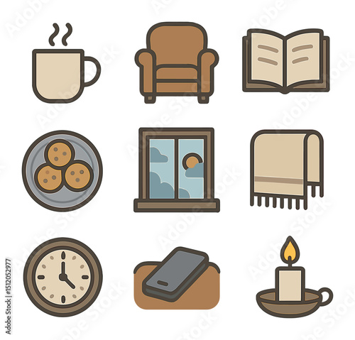Coffee Break Icons. Flat icon set of coffee break moments: steaming mug, cozy chair, open book, biscuit plate,