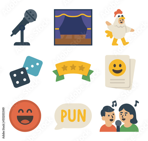 Comedy Icons Collection. Flat icon set of comedy and bonding activities: stand-up mic, improv stage, comedy