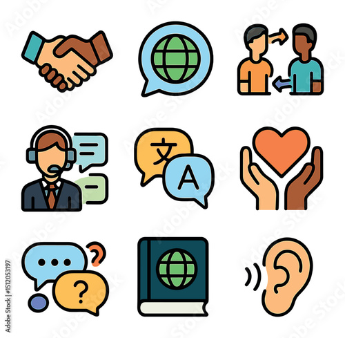 Communication Barrier Icons. Flat icon set of overcoming communication barriers in cross-cultural