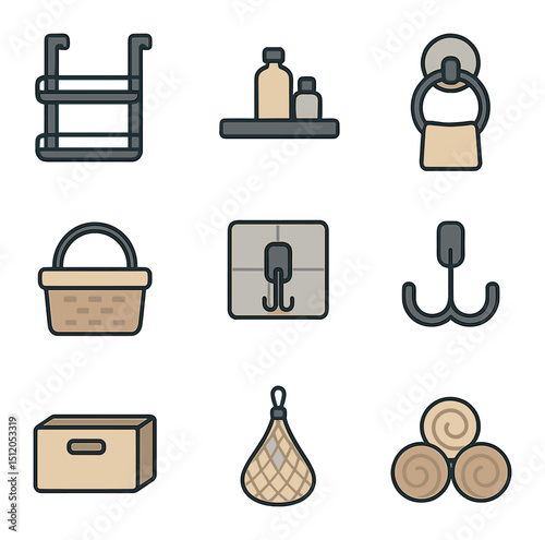 Compact Bath Storage Icons. Flat icon set of compact bath storage ideas: over-door rack, mini wall shelf,
