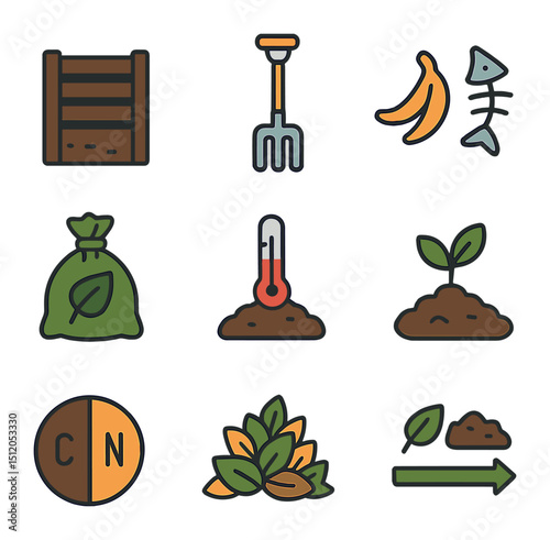Composting Icon Set. Flat icon set of composting for flowerbeds: compost bin, turning fork, food scraps icon,