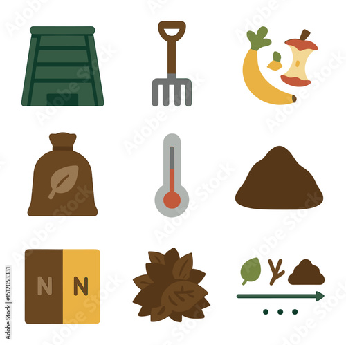 Composting Icon Set. Flat icon set of composting for flowerbeds: compost bin, turning fork, food scraps icon,