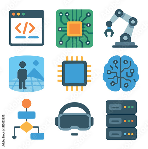Computer Science Icon Set. Flat icon set of computer science experiments: code window, circuit board, robotic