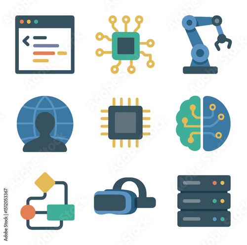 Computer Science Icon Set. Flat icon set of computer science experiments: code window, circuit board, robotic