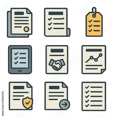 Construction Documentation Icons. Flat icon set of construction documentation tools: permit papers, daily
