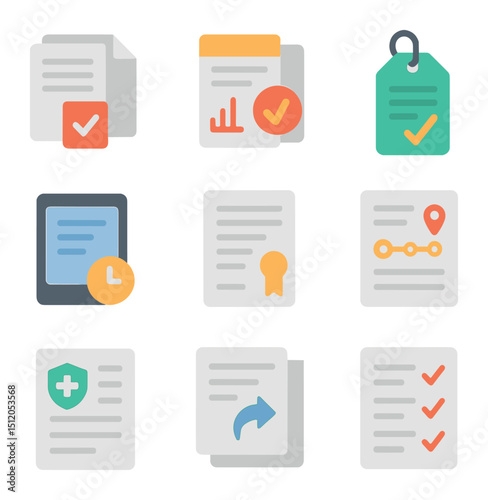 Construction Documentation Icons. Flat icon set of construction documentation tools: permit papers, daily