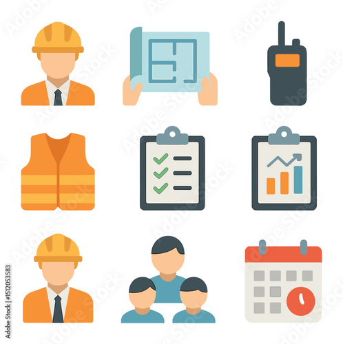 Construction Manager Icons. Flat icon set of construction project managers at work: hard hat manager, site