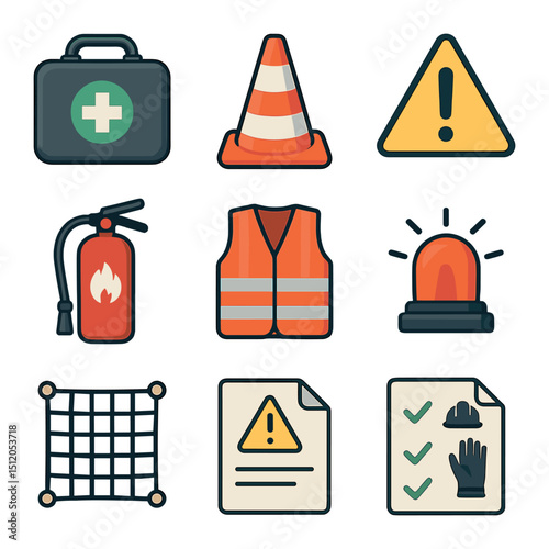 Construction Safety Icons. yle. Detailed. No text. Transparent background. Isolated layout. Flat icon set of