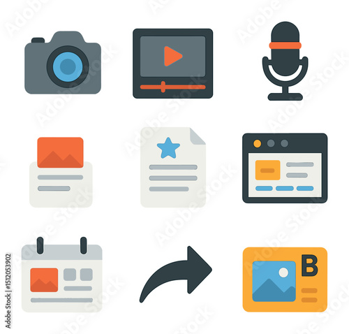 Content Creation Icons. Flat icon set of content creation for branding: camera icon, video editor window,