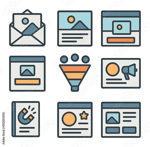 Content Marketing Icon Set. Flat icon set of content marketing visuals: email header image, blog feature photo