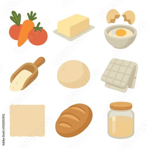 Cooking Ingredient Icons. Flat icon set of cooking from scratch: fresh vegetables, butter stick, cracked egg