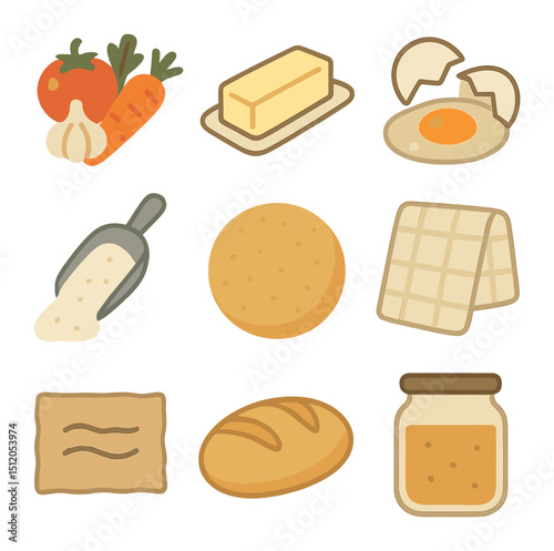 Cooking Ingredient Icons. Flat icon set of cooking from scratch: fresh vegetables, butter stick, cracked egg