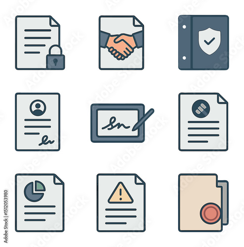 Corporate Document Icons. Flat icon set of corporate legal documentation: NDA document, merger contract,