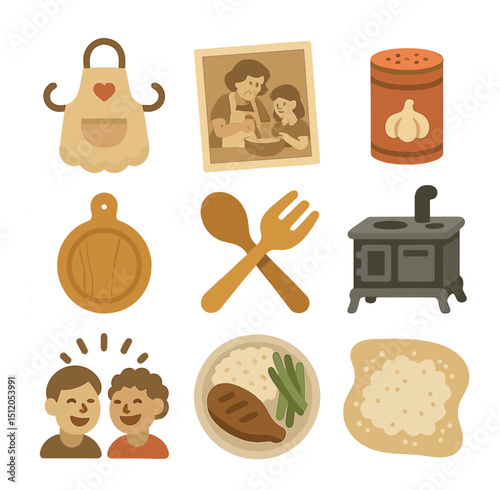 Cooking Traditions Icons. Flat icon set of multigenerational cooking traditions: grandmother’s apron, old