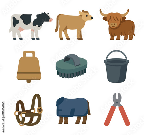 Cow Breeds Icons. Flat icon set of cow breeds and gear: Holstein cow, Jersey cow, Highland cow, cow bell,