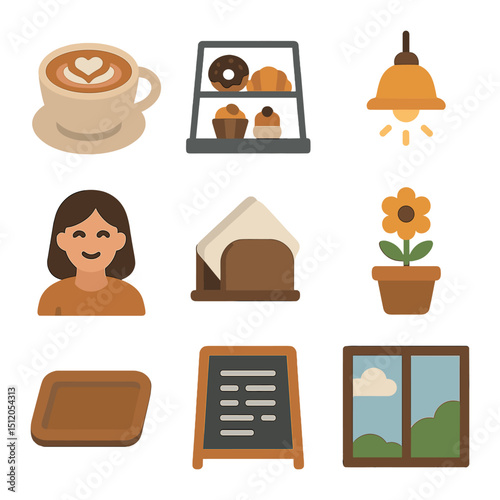 Cozy Café Icons. Flat icon set of cozy café experience: latte art cup, pastry display, warm lighting, customer