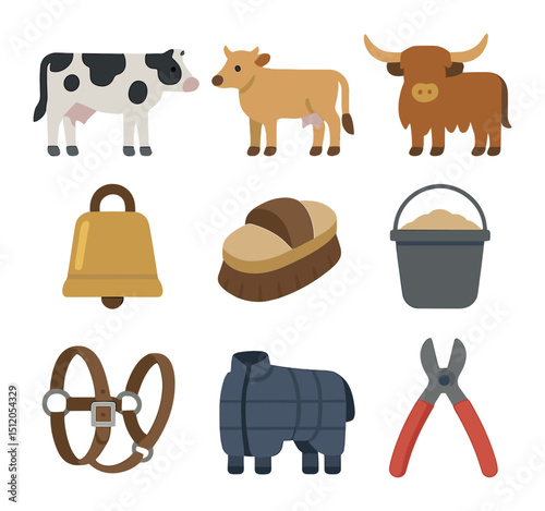 Cow Breeds Icons. Flat icon set of cow breeds and gear: Holstein cow, Jersey cow, Highland cow, cow bell,