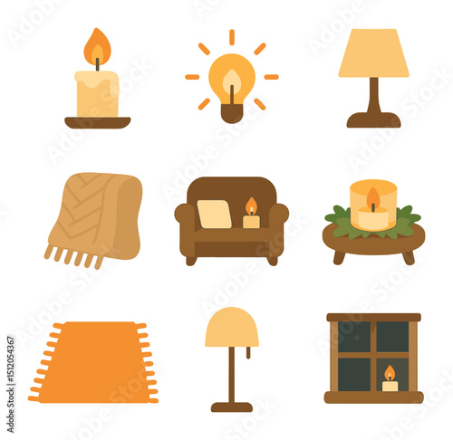 Cozy Candlelight Icons. Flat icon set of cozy candlelight living space: glowing candle, warm light icon,