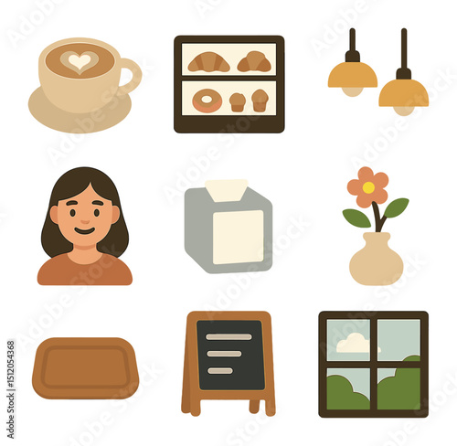 Cozy Café Icons. Flat icon set of cozy café experience: latte art cup, pastry display, warm lighting, customer