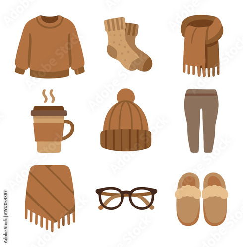 Cozy Fashion Icons. Flat icon set of cozy influencer fashion: oversized sweater, cozy socks, knit scarf, hot