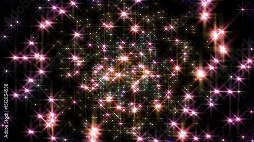 Abstract glowing particles stardust tunnel sparkling light on black background.
