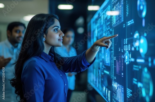 A dark-skinned Indian female employee in a buttoned-up blue shirt pointing at a large digital screen displaying data dashboards in a corporate meeting room