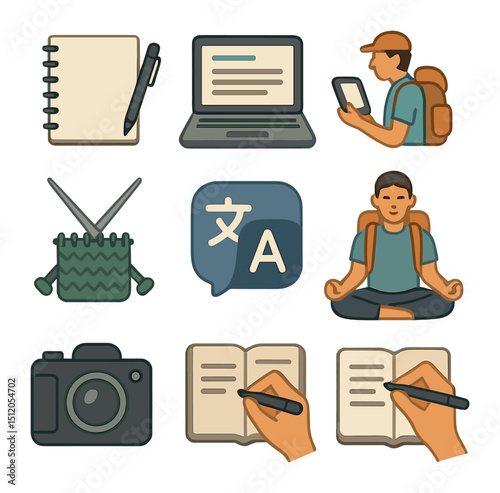 Creative Delay Activities Icons. Flat icon set of passing time creatively during a delay: sketchbook and pen,