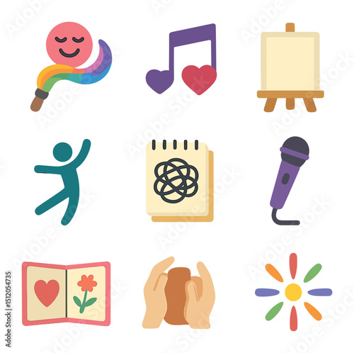 Creative Expression Icons. Flat icon set of creative expression for emotional release: paintbrush with emotion
