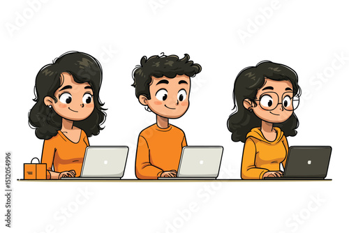 Cartoon illustration depicting three individuals working on laptops at a desk line up