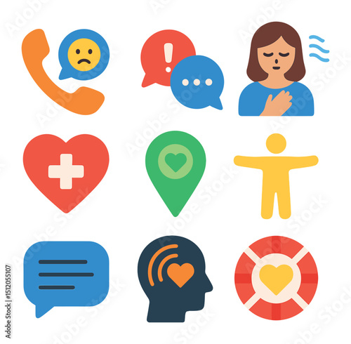 Crisis Response Icons. Flat icon set of crisis response: mental health hotline, emergency chat icon, breathing