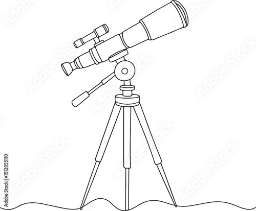 Minimalist continuous line drawing of a telescope and video camera mounted on tripods on white background

