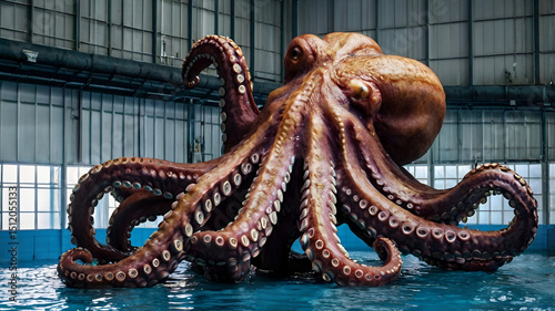 Giant octopus majestic giant octopus swimming in sunlit ocean waters underwater wildlife illustration blue background Generate AI,