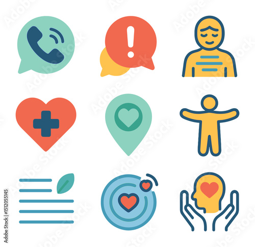 Crisis Response Icons. Flat icon set of crisis response: mental health hotline, emergency chat icon, breathing