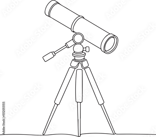 Minimalist continuous line drawing of a telescope and video camera mounted on tripods on white background

